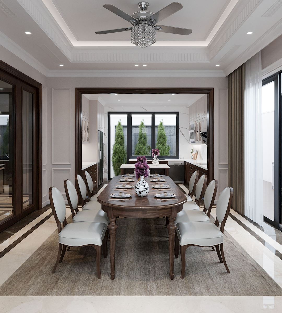 Không gian bếp có thêm bàn ghế ăn được làm từ gỗ tự nhiên nguyên khối.