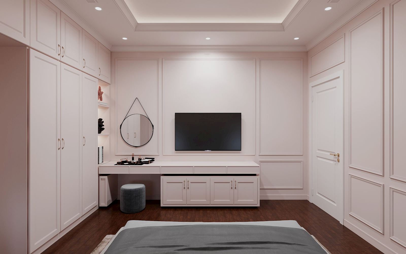 Phòng ngủ được trang trí với nội thất mang tone màu chủ đạo là màu kem.