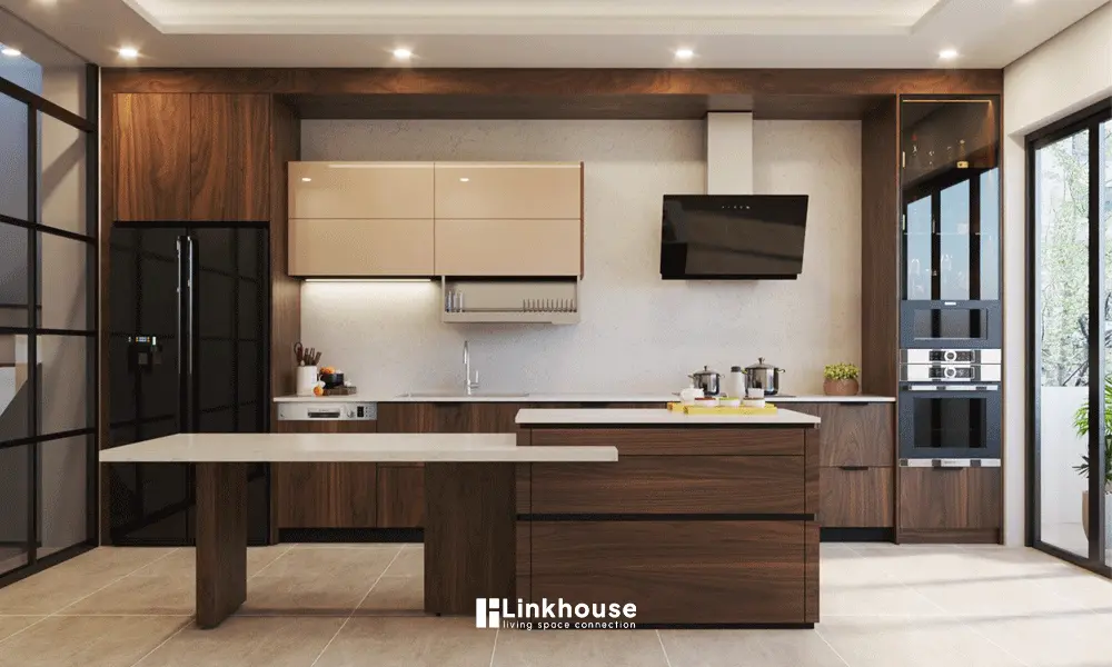 Thi công tủ bếp hợp kim cánh gỗ óc chó đẳng cấp nhất Hải Phòng
